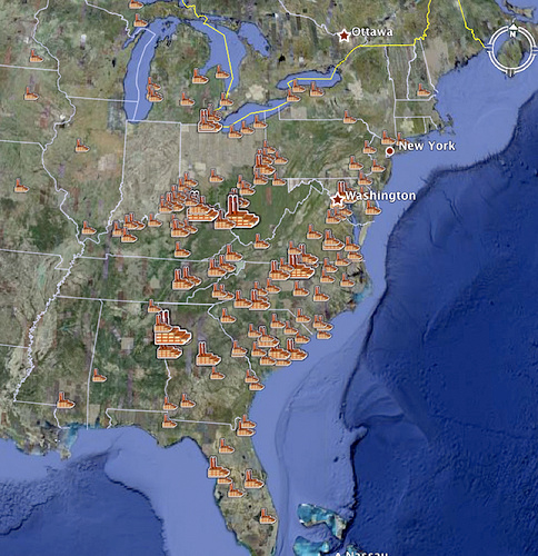 Locations in the U.S. where coal-fired power plants burn mountaintop removal mined coal