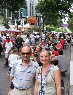 App Voices staff Lenny Kohm and Cat McCue arrive at CarolinaFest, one of the day-long kickoff events at the DNC