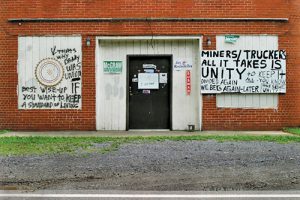 The shuttered union hall is a symbol of the decline of unions in Appalachian coal-mining communities. At the turn of the 21st century, membership in the United Mine Workers of America had declined to nearly half what it was in 1950. Photo by Earl Dotter (earldotter.com)