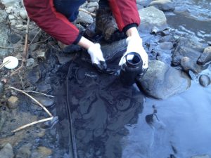 Erin Savage gathers samples at the site of the Fields Creek slurry spill in February 2014