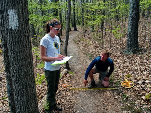Adjunct professor Dr. Jeff Marion measures up Appalachian Trail conditions with doctoral student Holly Eagleston. Photo courtesy of Jeff Marion