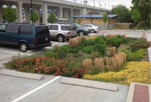 This Renaissance Park Bioretention area in Chattanooga, Tenn., collects water from the parking lot and allows it to infiltrate into the ground. Photo courtesy of the city of Chattanooga