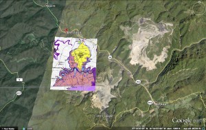 Cropped version of applicant permit map for the Big Creek Surface Mine. Yellow and pink portions represent proposed mining area, and extent of mining pictured dates to late 2014. Image by Appalachian Voices