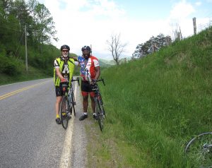 Jim Artis, right, stopped in Haywood County, N.C., to visit with Zeke Yount, left, while on a ride from Maine to Florida. Photo courtesy Zeke Yount. 