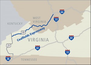 The approximate route of the proposed Coalfields Expressway would traverse southwest Virginia and southern West Virginia. Map courtesy Virginia Department of Transportation