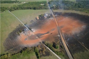  Citizens living along the routes of the proposed pipelines are worried about the risks, such as the damage caused by an explosion along the Transco line in 2008, near Appomattox, Va. Photo courtesy of Allegheny Blue-Ridge Alliance