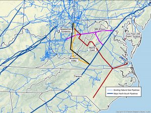 Central and southern Appalachia are covered by a network of existing pipelines, shown above in blue lines. Plans are underway to add several major pipelines to this web, shown in different colored lines. Not shown are the compressor stations and power plants across the region. Map by Dominion Pipeline Monitoring Coalition   