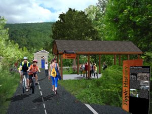 Perspective of a historic coal tipple site reimagined with the addition of a Riverwalk walking and biking trail.