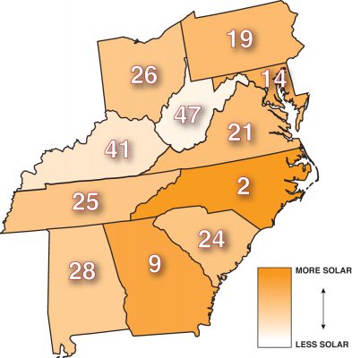 Map of installed solar by state according to 2016 data from  the Solar Energy Industries Association. Graphic by Jimmy Davidson 
