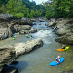 Kayakers converge below a rapid