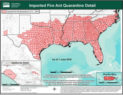 red area shows fire ants inhabiting much of the South