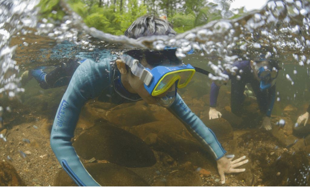 A boy in a snorkel mask and long-sleeve shirt floats on top of the water, touching the bottom 