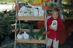 Young Journey Emmons displays spring sunflower sprouts at her parents Harmony Acre Soap Company stand during the Watauga County, N.C.farmers market.