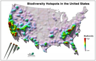 Biodiversity hotspots in the United States, Image courtesy of iLoveMountains.org and The Nature Conservancy