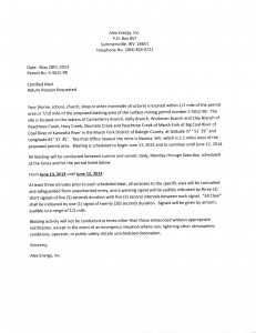 More than 150 homes received this letter from Alex Energy, Inc., alerting them of the year of daily detonations ahead. Courtesy of Coal River Mountain Watch.