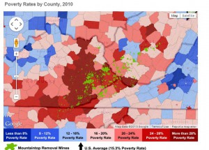 This map shows the correlation between poverty and mountaintop removal in Central Appalachia.