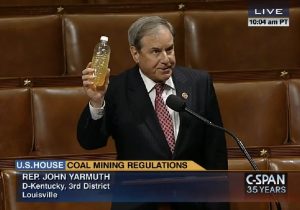 Speaking in opposition of H.R. 2824, Rep. John Yarmuth (D-KY) holds a bottle of water from beneath a mountaintop removal mine, and says that ignoring the threats of mountaintop removal to clean water means "risking the health of families in mining communities in Kentucky and throughout Appalachia"