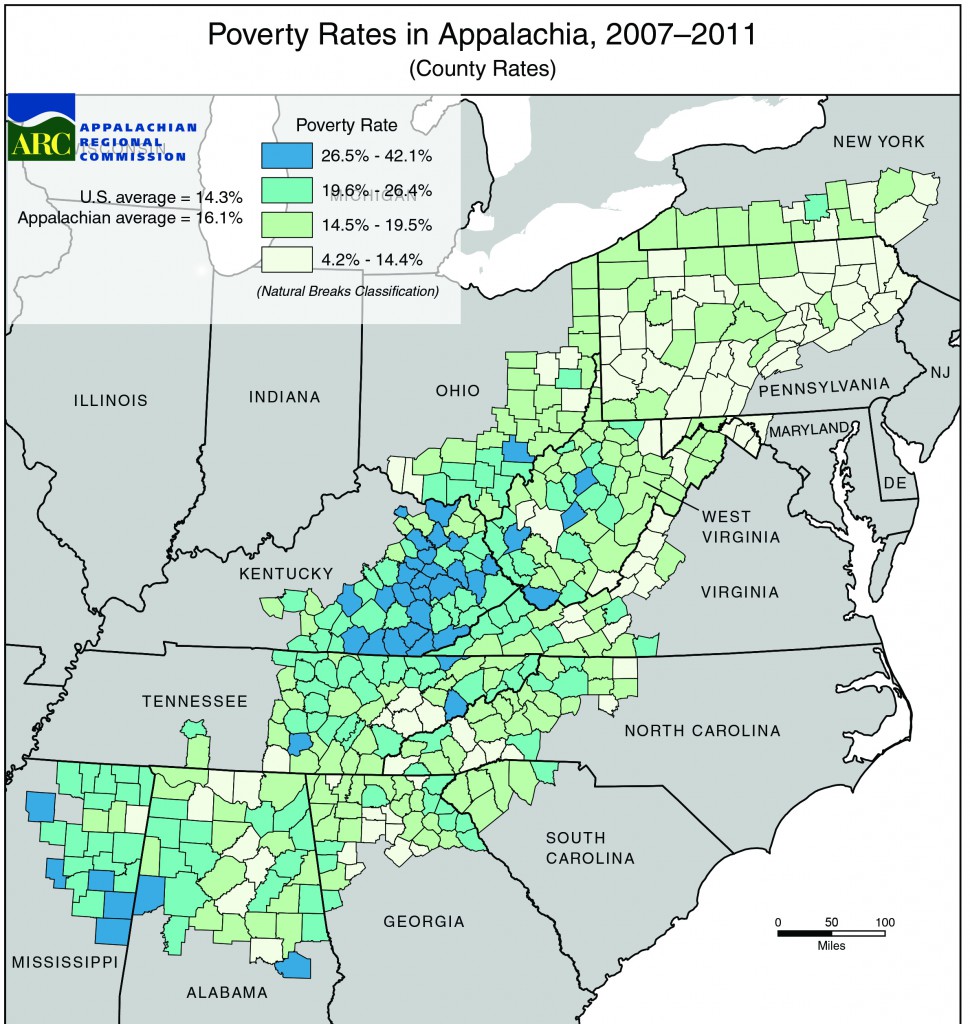 In the decades after the War on Poverty began, northern and southern Appalachia fared better than the central states. Map created March 2013; Data source: US Census Bureau, American Community Survey, 2007-2011