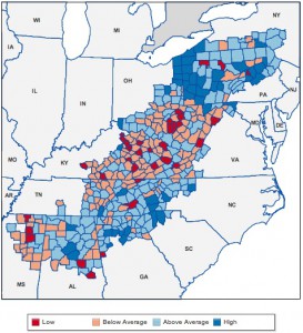 A Picture of Economic Diversity: According to the Appalachian Regional Commission, of the 420 counties that make up Appalachia, 201 are “Distressed” or “At Risk,” meaning that they rank among the worst 25 percent of the nation’s counties in terms of economic status.