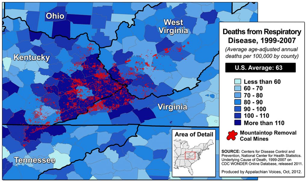 Average age adjusted number of annual deaths from respiratory disease from 1999 to 2007 showing that counties with mountaintop removal typically have much higher rates of death per 100,000 than the United States average
