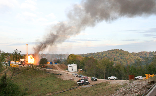 Fire on McDowell B well site near Wetzel County, W.Va. Photo by Ed Wade, Jr., courtesy of the Wetzel County Action Group