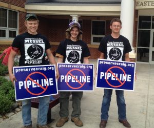 The James River Spinymussel crew of Craig County outside the first of two public hearings on the proposed Mountain Valley Pipeline. 