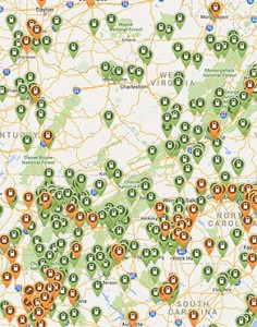 This map shows public (green) and high-power (tan) charging stations in the area.  Image from plugshare.com