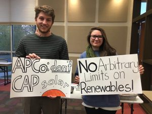 Citizens are calling on their power companies to increase access to renewable energy in creative ways.  Appalachian Power Company customers attend a grassroots meeting to oppose extra charges and size limits on solar in Virginia. Photo by Hannah Wiegard.  