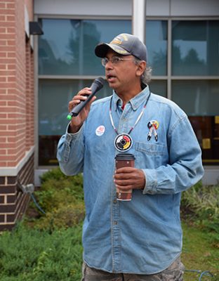 Andrew Tyler, from the Cherokee and Pamunkey nations and a representative of the Coalition of Woodland Nations, gave words of support to local residents and discussed the importance of fighting pipelines across the country for native peoples before the public hearing started.
