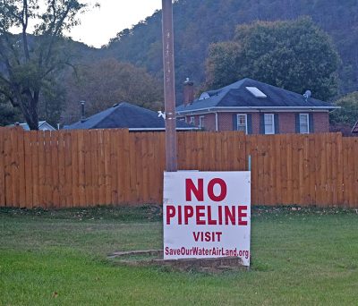 A sign in eastern Montgomery County, Va., announces local opposition to the Mountain Valley Pipeline.