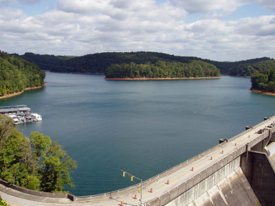 wide shot of the lake and dam