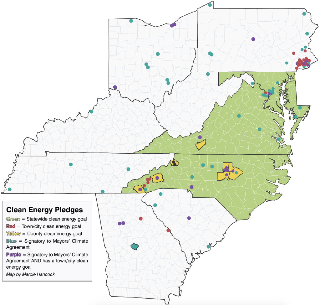 Map of clean energy pledges by city and state in Appalachia