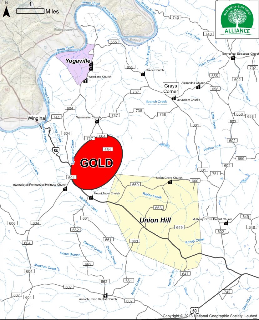 maps shows gold exploration area between Union Hill and Yogaville