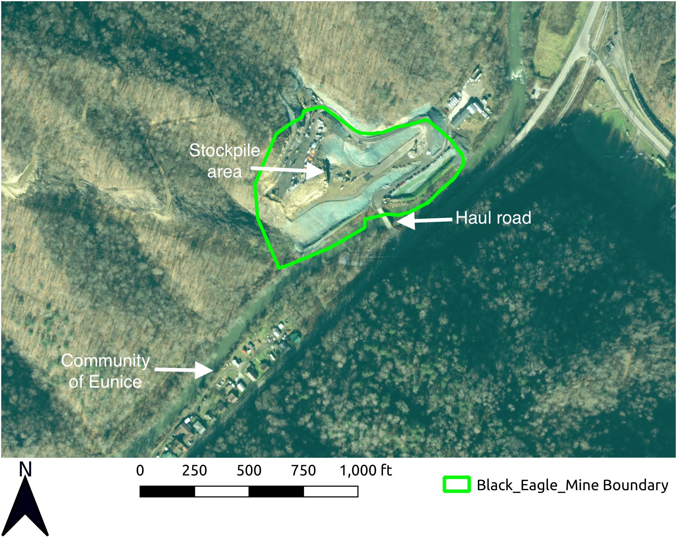 This map shows the proximity of Eunice to the boundary of the Black Eagle Mine and the haul road where hundreds of trucks stir up coal mine dust daily. Map by Matt Hepler 