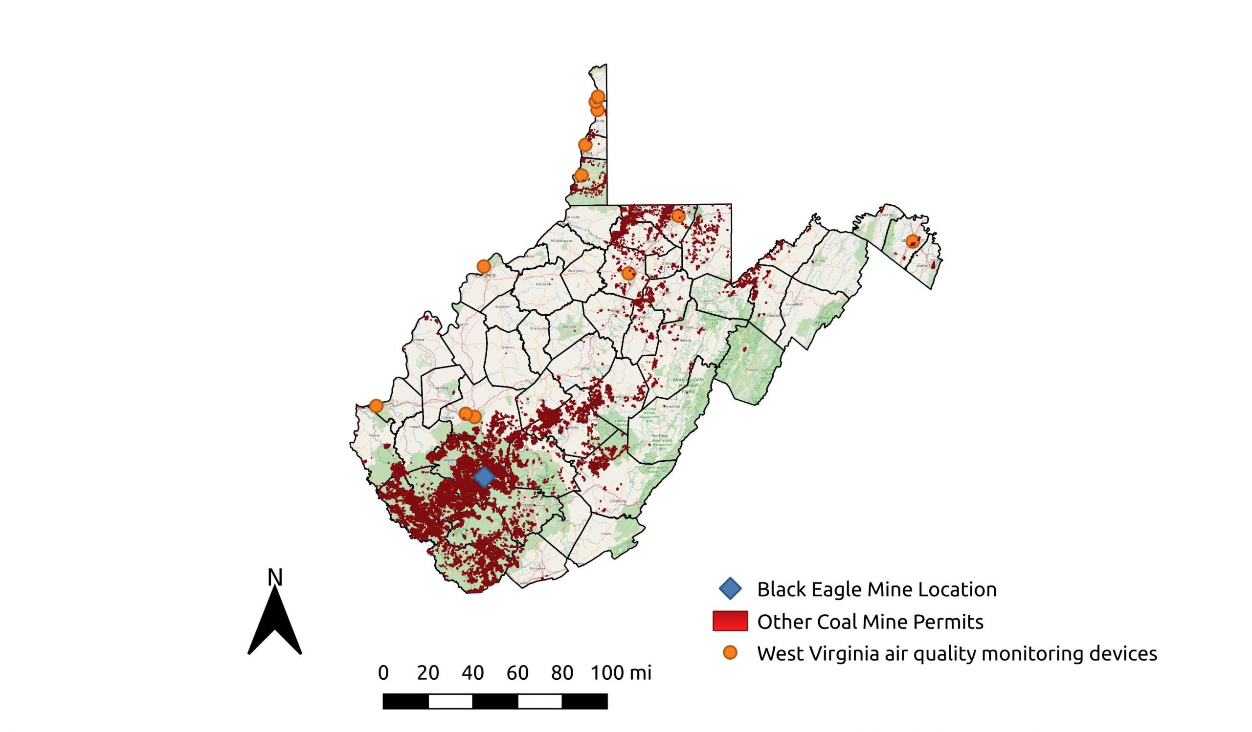 This map indicates the locations of West Virginia air quality monitoring devices compared to the Black Eagle Deep Mine and other coal mine permits. Map by Matt Hepler, data from WVDEP 