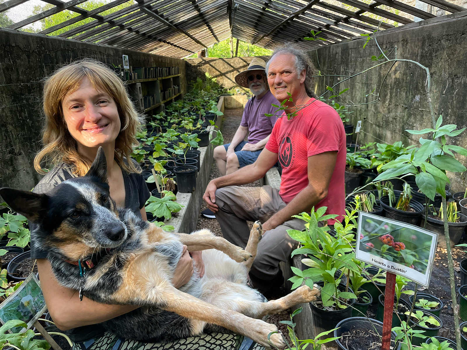 three smiling people and a dog in a greenhouse