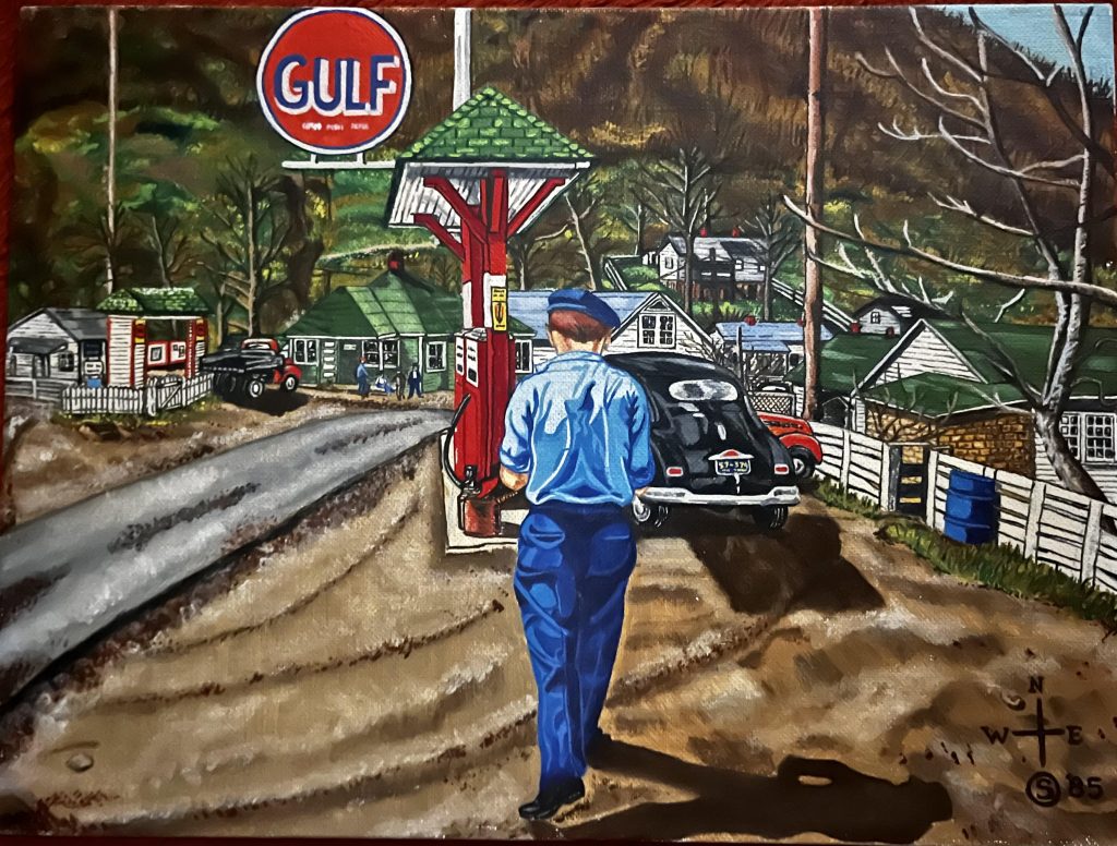 A painting of a man walking next to a rural road.