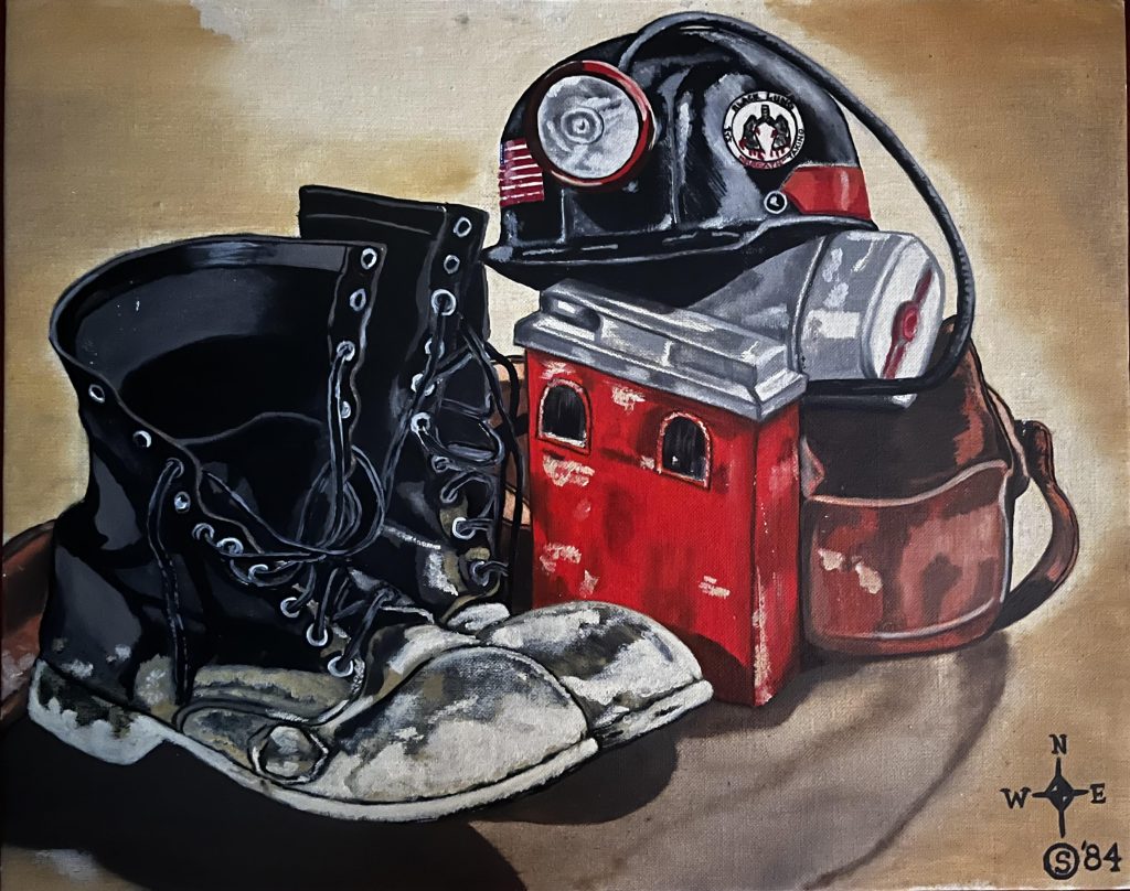 A painting of boots, a hat and other gear used by coal miners.