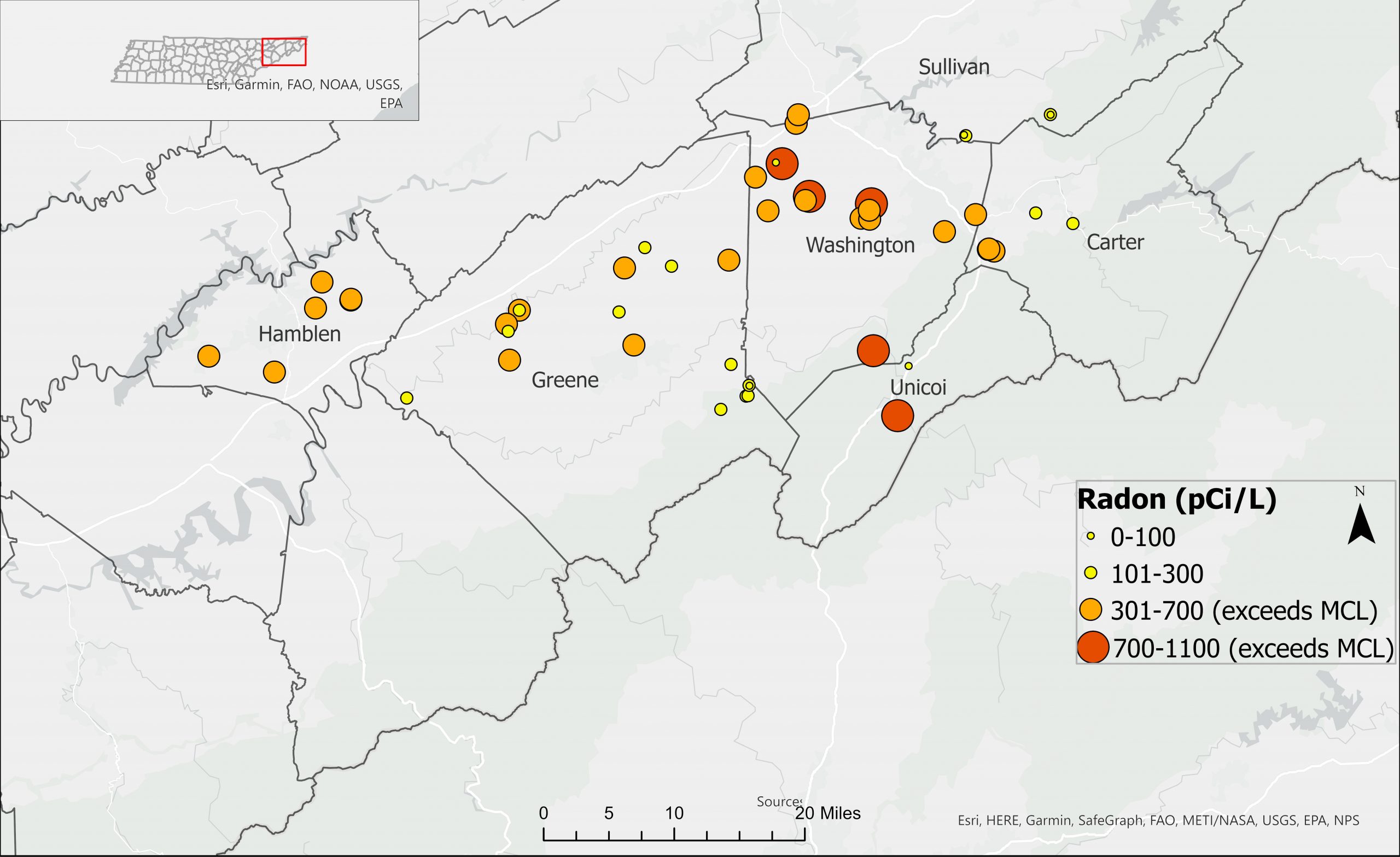 Map shows distribution and concentration of radon among the springs tested