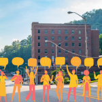 yellow figures with speech bubbles stand on a road in small-town Appalachia
