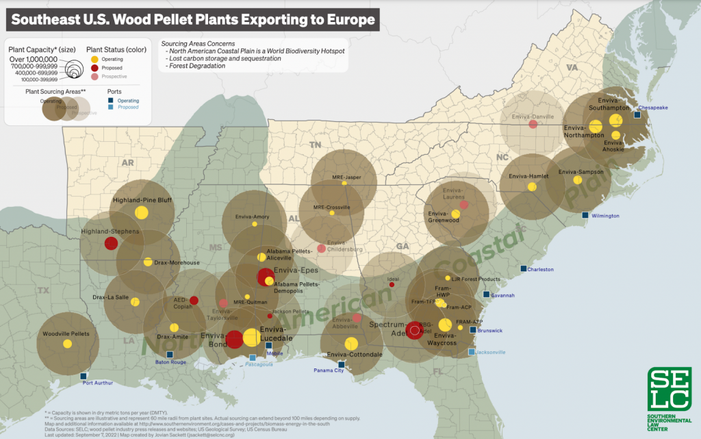 Map of Southeast U.S. with colored dots showing locations of wood pellet processing plants that export to Europe.