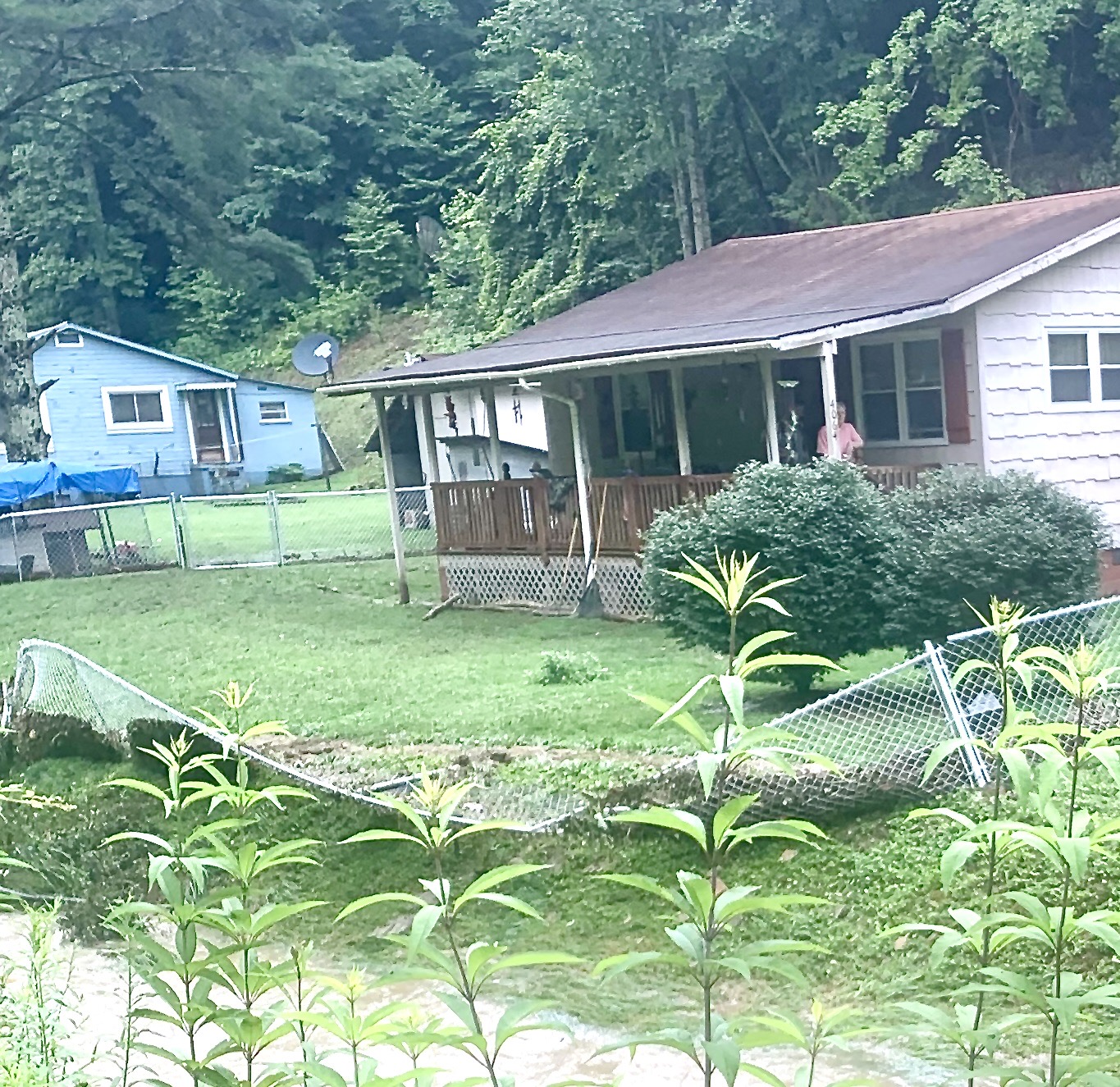 A woman in a pink shirt looks out from the corner a porch toward a chain link fence damaged by flood water and the creek just beyond it.