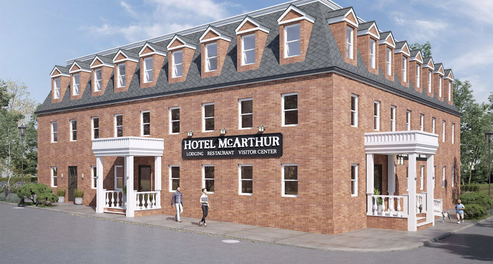A digital artist's rendering of a brick building with white columns at the entrances. A sign on the front of the building reads "Hotel McArthur Lodging Restaurant and Vision Center."