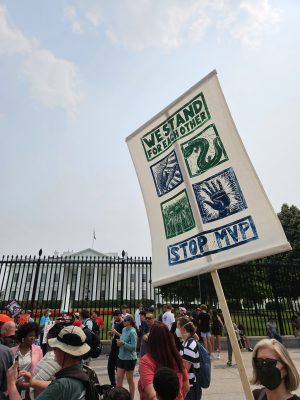 A sign opposing the Mountain Valley Pipeline at a June 8 White House rally