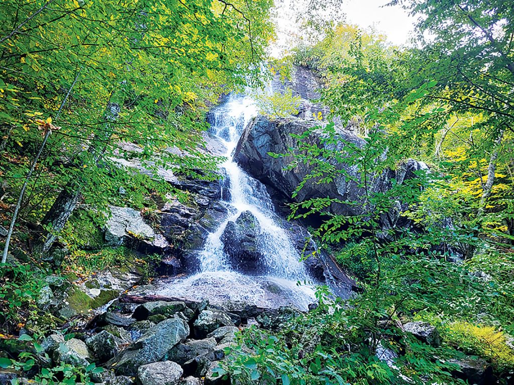 A waterfall cascades over rocks down a forested hillside.
