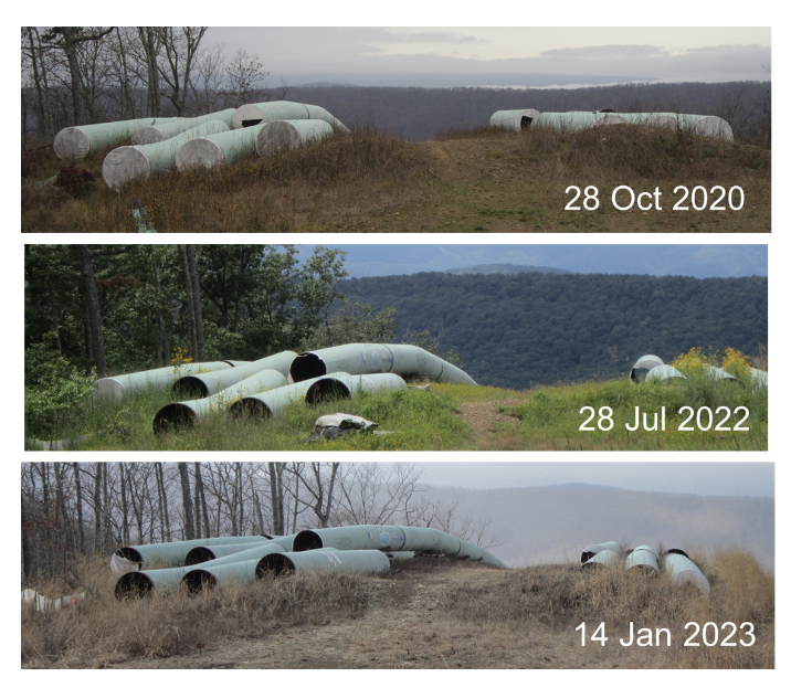 Photos of pipes in the Jefferson National Forest adjacent to the Forest Service’s Brush Mountain Road on three dates. Photos were taken from the road looking northwest. Visual observation provides no evidence of any maintenance over this period; while the sole evident protective measure applied originally, fabric cappings for the pipe ends, has fallen into and remained in disrepair. Graffiti is visible on the pipe near the center of the 14 Jan 2023 photo, further indicating lack of pipe maintenance.
