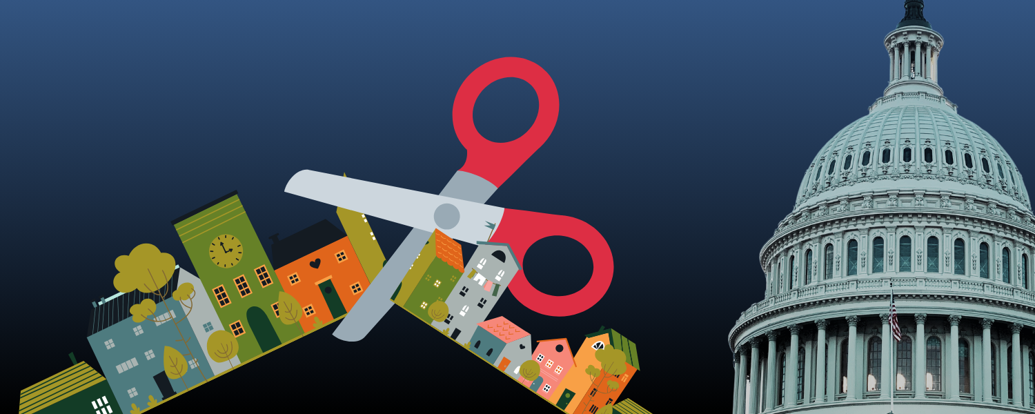 A graphic that shows an image of the Capitol building beside a pair of scissors that is cutting through a community.