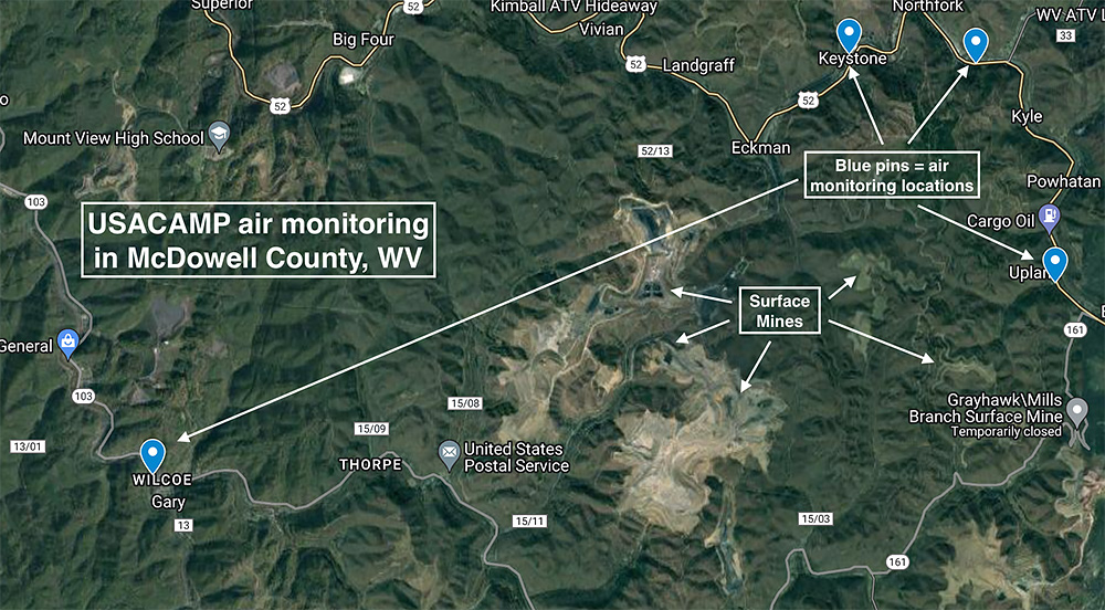 A map shows air monitoring stations across McDowell County, Virginia.