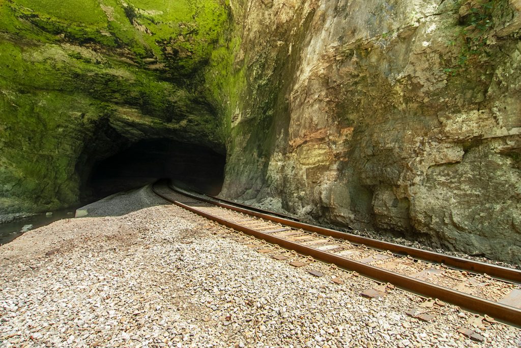 Railroad tracks run into a large tunnel.