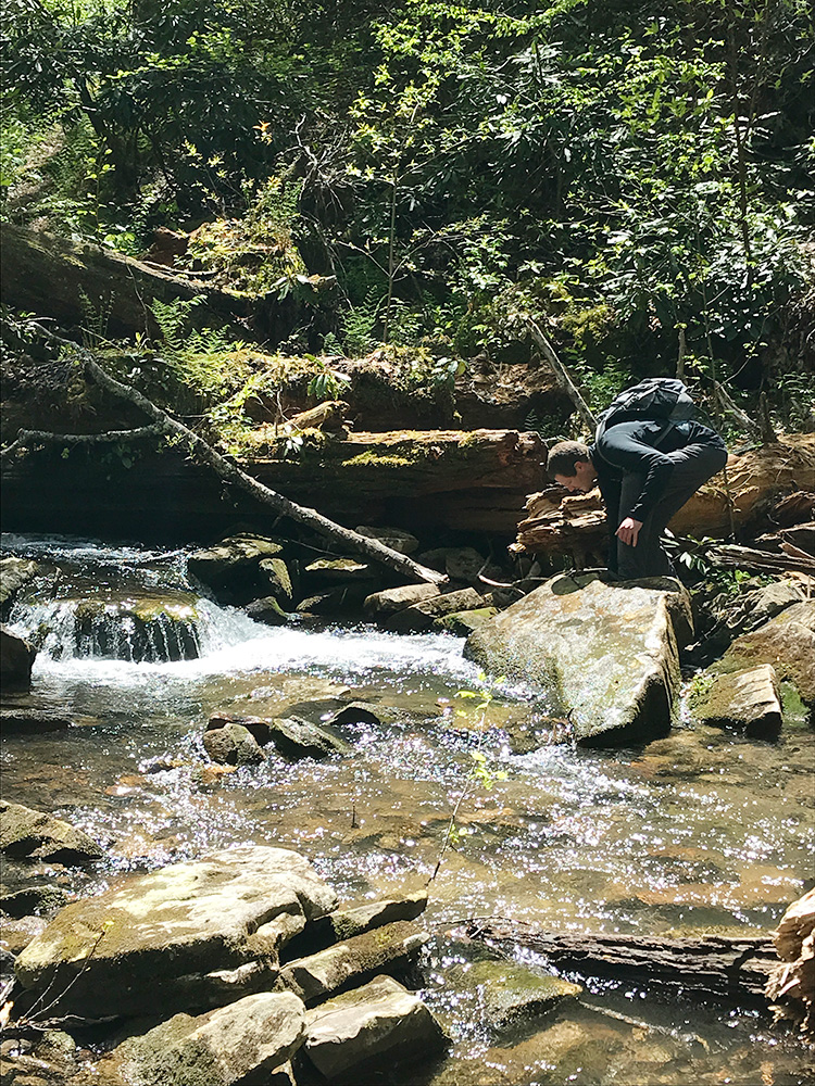 A hiker looks into a stream.